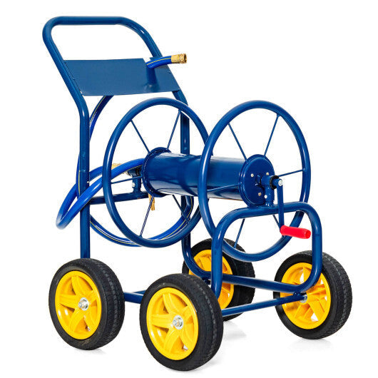 Garden Hose Reel Cart 4 Wheels Heavy-Duty Metal Water Hose Organizer Portable-Blue W2B