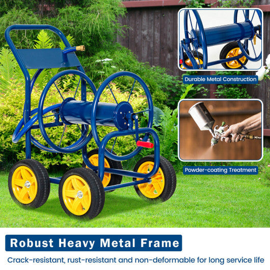 Garden Hose Reel Cart 4 Wheels Heavy-Duty Metal Water Hose Organizer Portable-Blue W2B