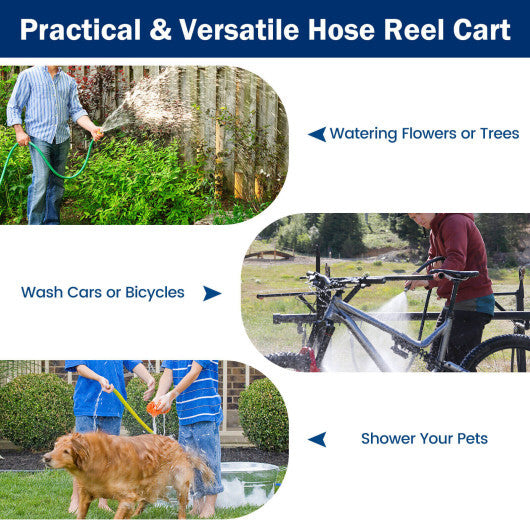 Garden Hose Reel Cart 4 Wheels Heavy-Duty Metal Water Hose Organizer Portable-Blue W2B