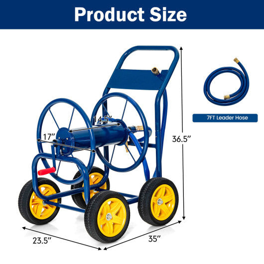 Garden Hose Reel Cart 4 Wheels Heavy-Duty Metal Water Hose Organizer Portable-Blue W2B