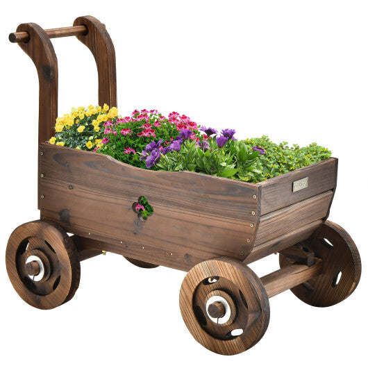 Decorative Wooden Wagon Cart with Handle Wheels and Drainage Hole-Rustic Brown W2B