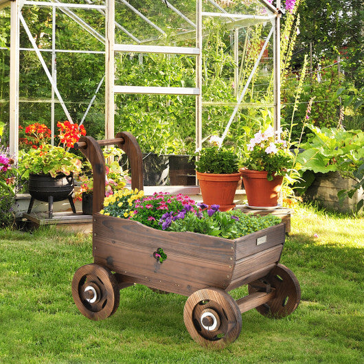 Decorative Wooden Wagon Cart with Handle Wheels and Drainage Hole-Rustic Brown W2B