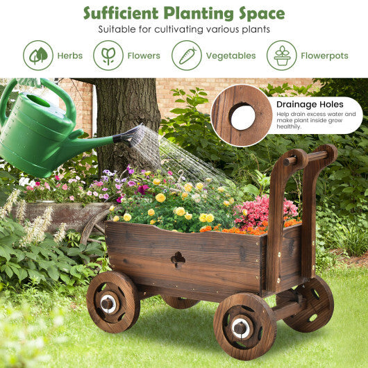 Decorative Wooden Wagon Cart with Handle Wheels and Drainage Hole-Rustic Brown W2B
