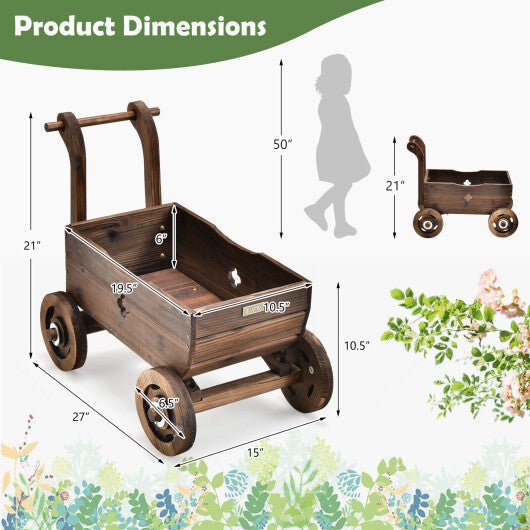 Decorative Wooden Wagon Cart with Handle Wheels and Drainage Hole-Rustic Brown W2B