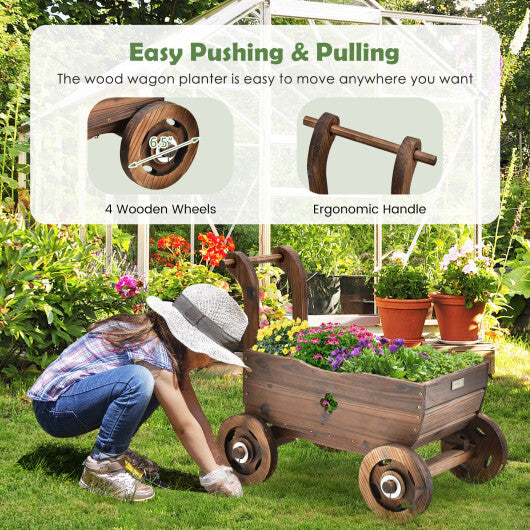 Decorative Wooden Wagon Cart with Handle Wheels and Drainage Hole-Rustic Brown W2B