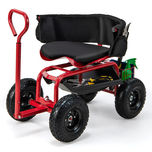 Cushioned Rolling Garden Cart Scooter with Storage Basket and Tool Pouch-Black & Red W2B