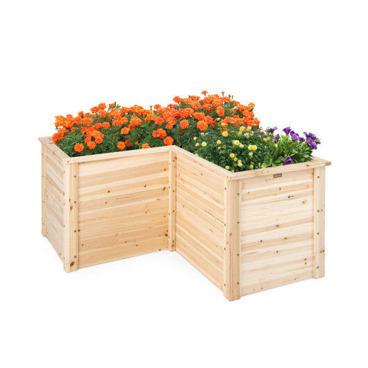 24 Inch L-Shaped Wooden Raised Garden Bed with Open-Ended Base-Natural W2B