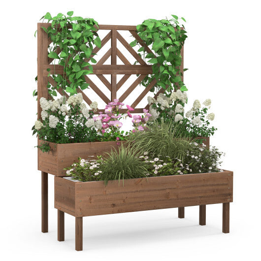 2-Tier Raised Garden Bed with Trellis-Brown W2B