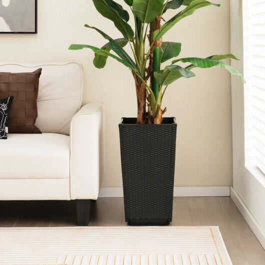 Outdoor Wicker Flower Pot Set of 2 with Drainage Hole for Porch Balcony-Brown W2B