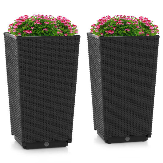 Outdoor Wicker Flower Pot Set of 2 with Drainage Hole for Porch Balcony-Brown W2B