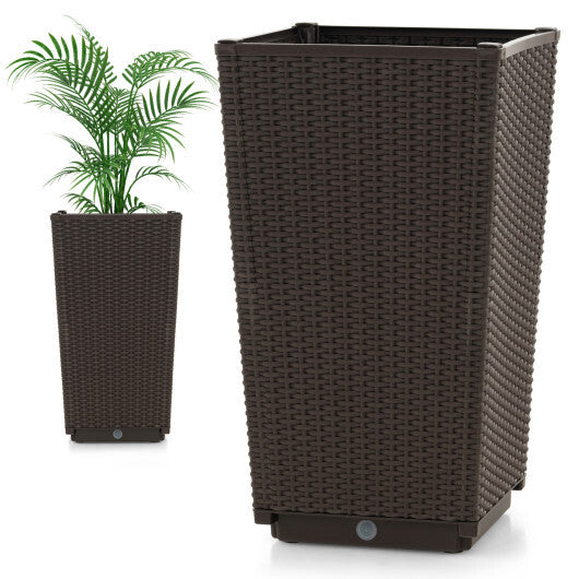 Outdoor Wicker Flower Pot Set of 2 with Drainage Hole for Porch Balcony-Brown W2B