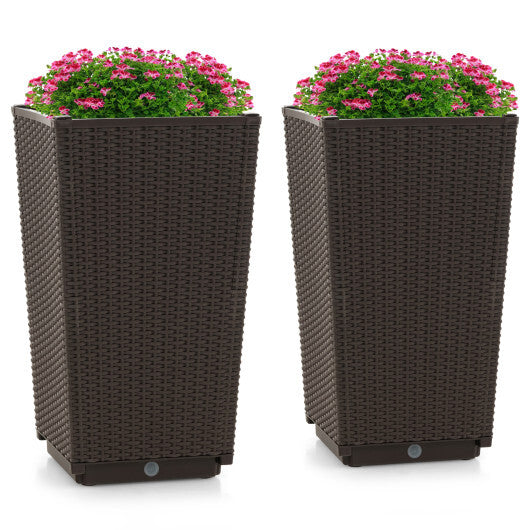 Outdoor Wicker Flower Pot Set of 2 with Drainage Hole for Porch Balcony-Brown W2B