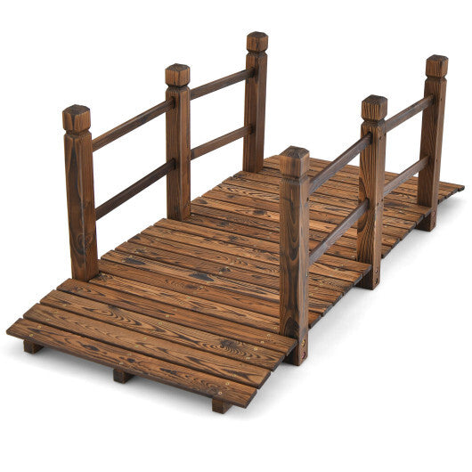 5 Feet Wooden Garden Bridge with Safety Rails-Brown W2B