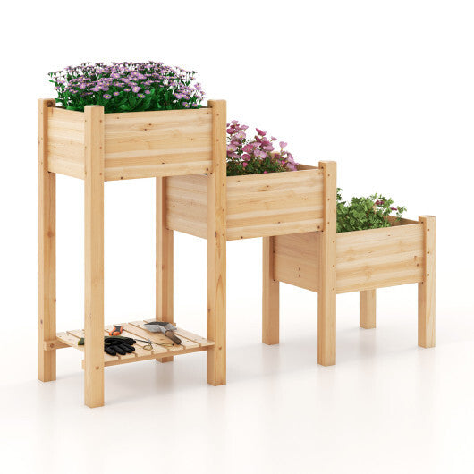 3-Tier Wooden Raised Garden Bed with Open Storage Shelf-Natural W2B