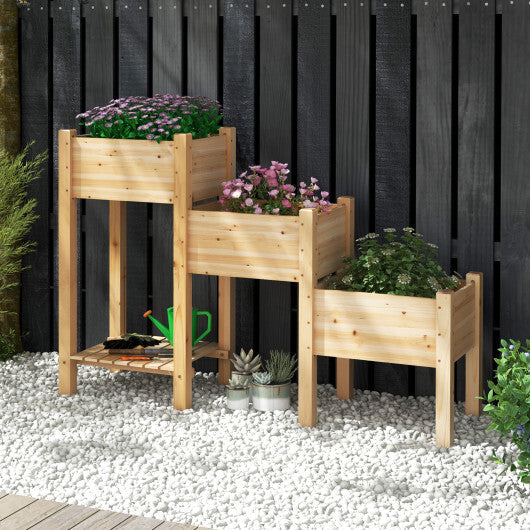 3-Tier Wooden Raised Garden Bed with Open Storage Shelf-Natural W2B