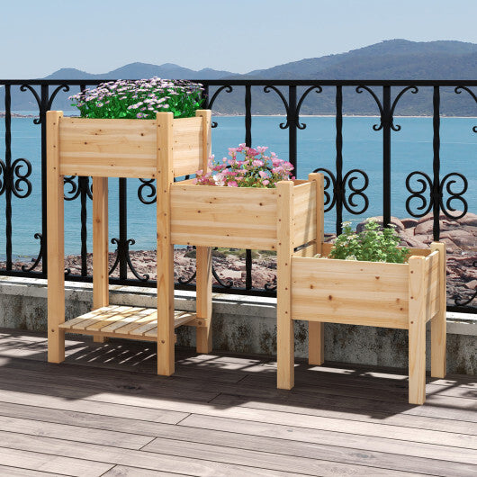 3-Tier Wooden Raised Garden Bed with Open Storage Shelf-Natural W2B