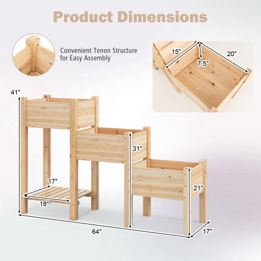 3-Tier Wooden Raised Garden Bed with Open Storage Shelf-Natural W2B