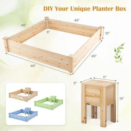 49 x 49 x 10 Inch Raised Garden Bed with Compost Bin and Open-ended Bottom-Natural W2B