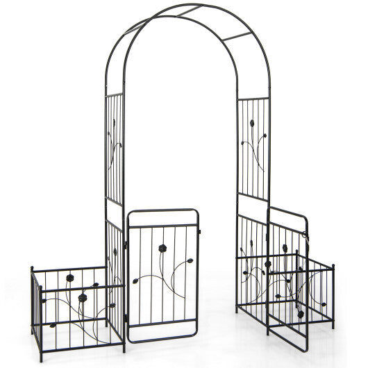 87 Inches Garden Arbor with Lockable Gate Side Planters-Black