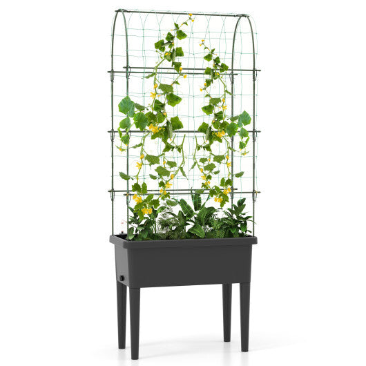 Self-watering Raised Garden Bed Elevated Planter with Climbing Trellis-Black W2B