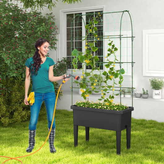 Self-watering Raised Garden Bed Elevated Planter with Climbing Trellis-Black W2B