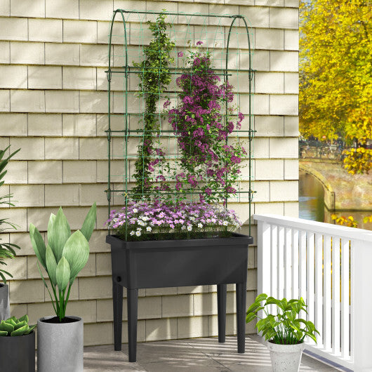 Self-watering Raised Garden Bed Elevated Planter with Climbing Trellis-Black W2B
