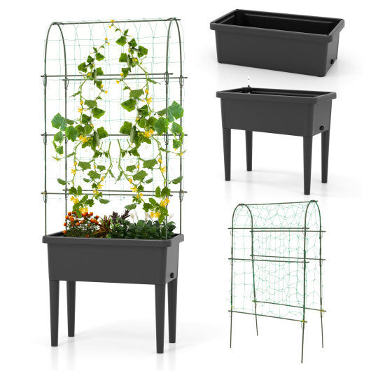 Self-watering Raised Garden Bed Elevated Planter with Climbing Trellis-Black W2B