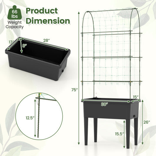 Self-watering Raised Garden Bed Elevated Planter with Climbing Trellis-Black W2B