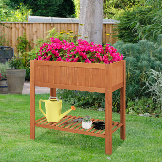 Outdoor Raised Garden Bed Fir Wood Planter Box with Bottom Storage Shelf and Protective Liner-Orange W2B