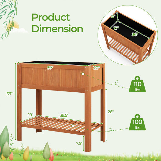 Outdoor Raised Garden Bed Fir Wood Planter Box with Bottom Storage Shelf and Protective Liner-Brown W2B