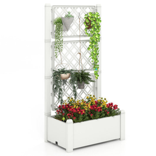 Outdoor Planter Box Self-Watering Raised Garden Bed Trellis with Water Level Indicator-Greyish-white W2B