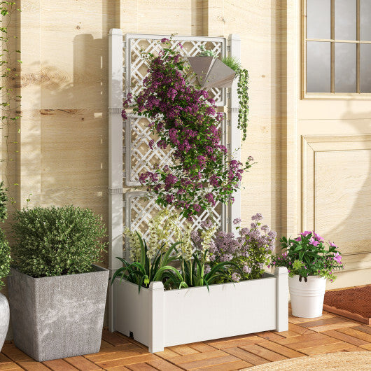 Outdoor Planter Box Self-Watering Raised Garden Bed Trellis with Water Level Indicator-Greyish-white W2B