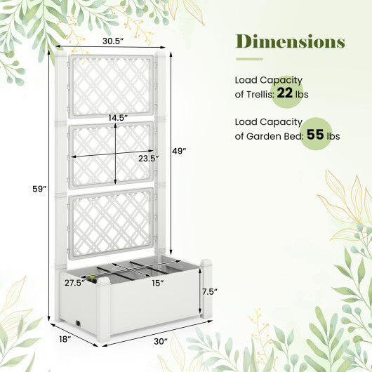 Outdoor Planter Box Self-Watering Raised Garden Bed Trellis with Water Level Indicator-Greyish-white W2B