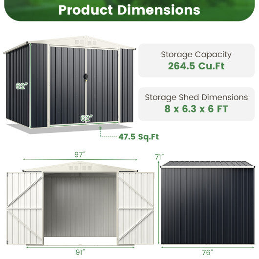 8 x 6.3 FT Metal Outdoor Storage Shed with Lockable Door-Gray