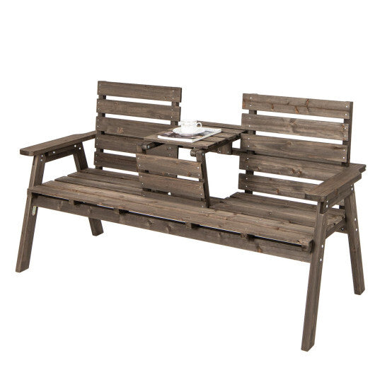 Outdoor Fir Wood Bench with Foldable Middle Table-Natural W2B