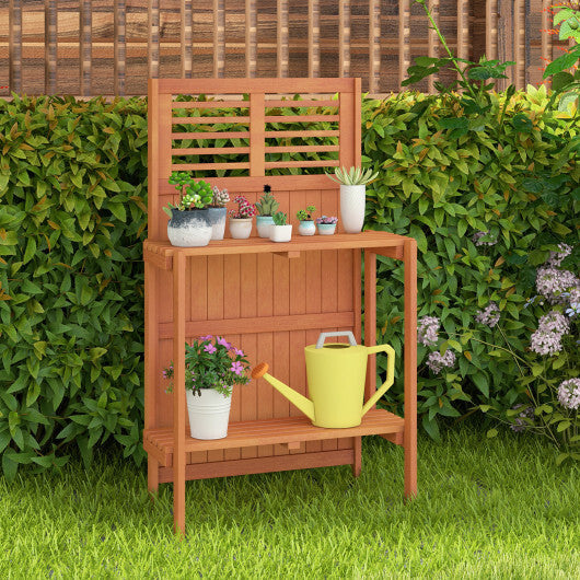 Folding Garden Potting Bench with 2-tier Storage Shelves and Teak Oil Finish for Garden Yard Balcony W2B