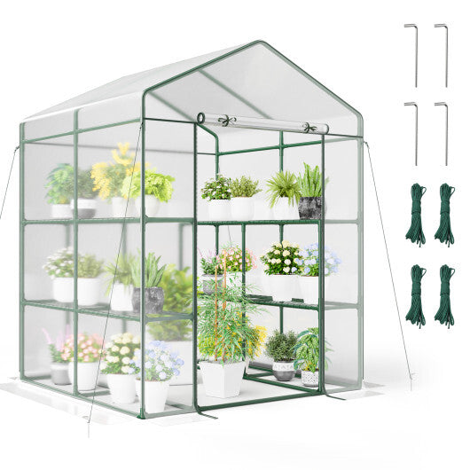 Walk-in Greenhouse with 3 Tiers 8 Shelves PVC Cover Roll-up Zippered Door W2B