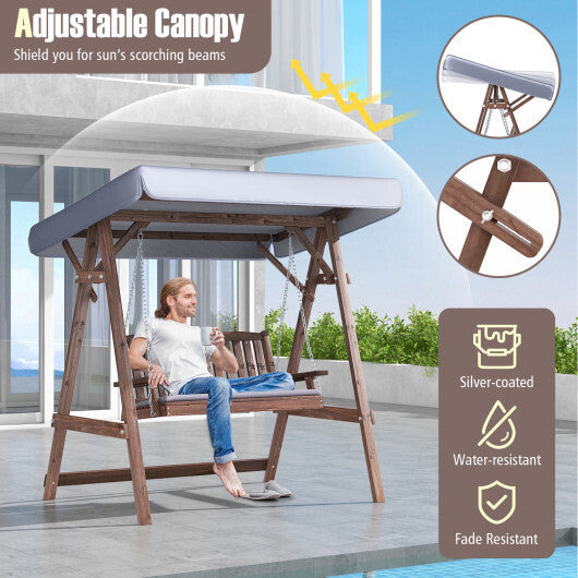 2-Person Porch Swing with Fir Wood Stand and Tilt Canopy-Brown