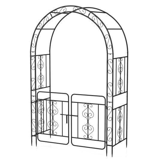 Garden Arbor with Gate with Multiple Side Crossbars and 4 Sharp Ground Stakes-Black W2B