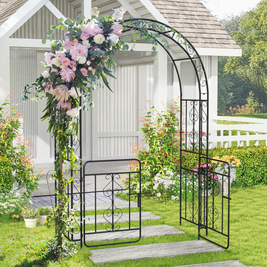 Garden Arbor with Gate with Multiple Side Crossbars and 4 Sharp Ground Stakes-Black W2B