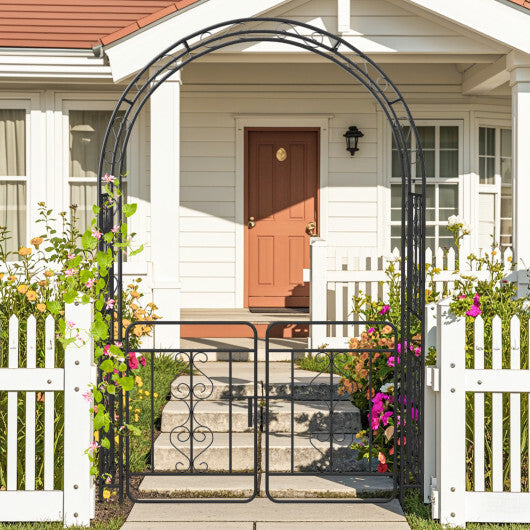Garden Arbor with Gate with Multiple Side Crossbars and 4 Sharp Ground Stakes-Black W2B