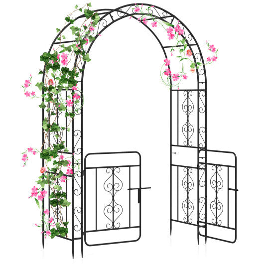 Garden Arbor with Gate with Multiple Side Crossbars and 4 Sharp Ground Stakes-Black W2B