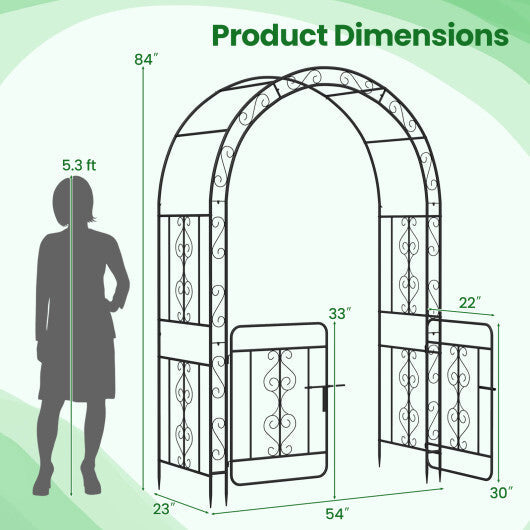 Garden Arbor with Gate with Multiple Side Crossbars and 4 Sharp Ground Stakes-Black W2B