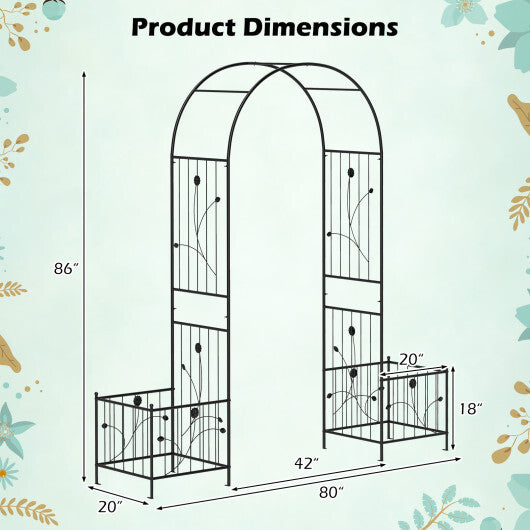 2 in 1 Garden Arbor with 2 Side Planters and 8 Ground Stakes-Black W2B