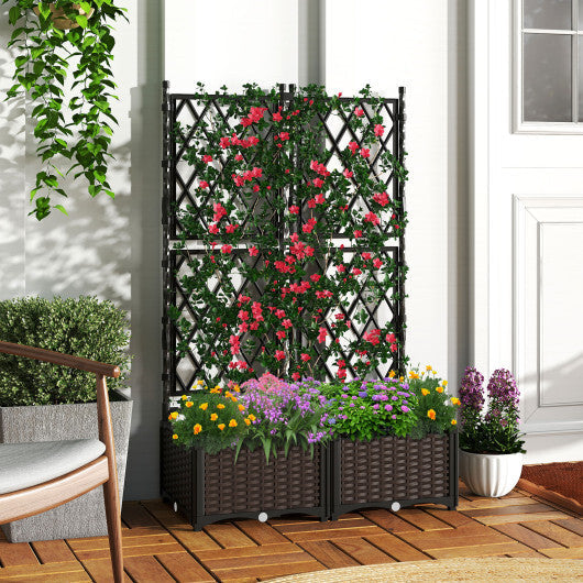 Raised Garden Bed with Lattice Trellis Drainage Self-Watering Elevated Vertical Planter Boxes-Black W2B