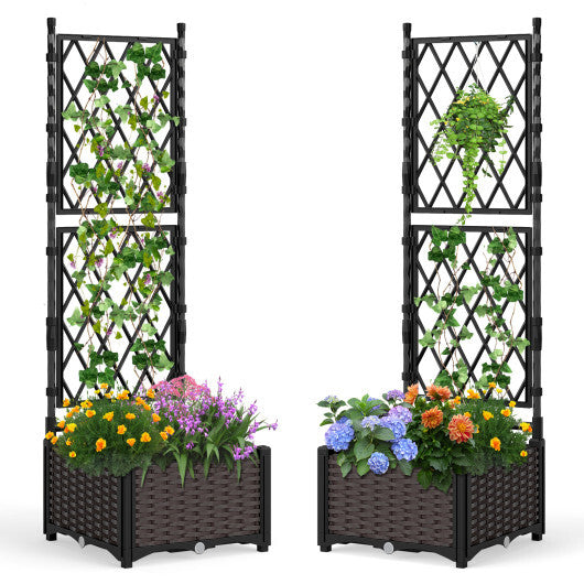 Raised Garden Bed with Lattice Trellis  Drainage Self-Watering Elevated Vertical Planter Boxes-Black