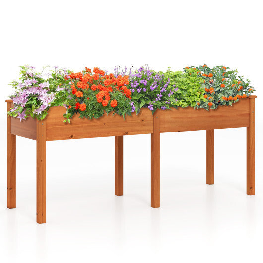 Fir Wood Outdoor Raised Garden Bed with Divider Panel and Drainage Holes-Natural W2B