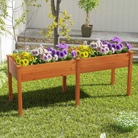 Fir Wood Outdoor Raised Garden Bed with Divider Panel and Drainage Holes-Natural W2B