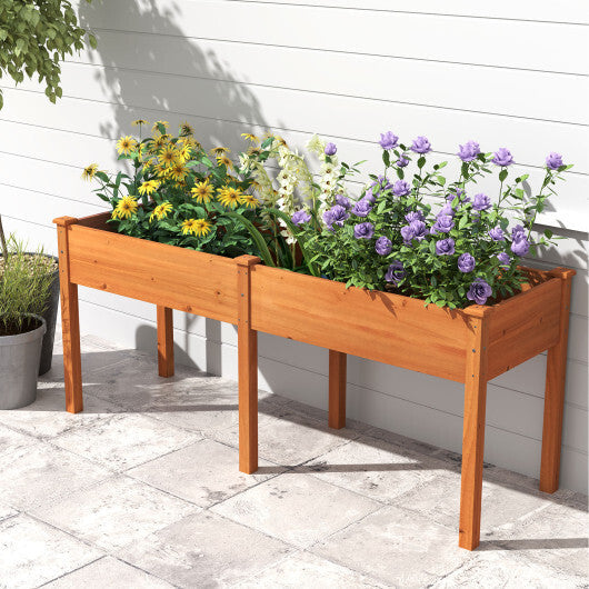 Fir Wood Outdoor Raised Garden Bed with Divider Panel and Drainage Holes-Natural W2B