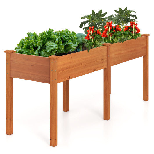 Fir Wood Outdoor Raised Garden Bed with Divider Panel and Drainage Holes-Natural W2B